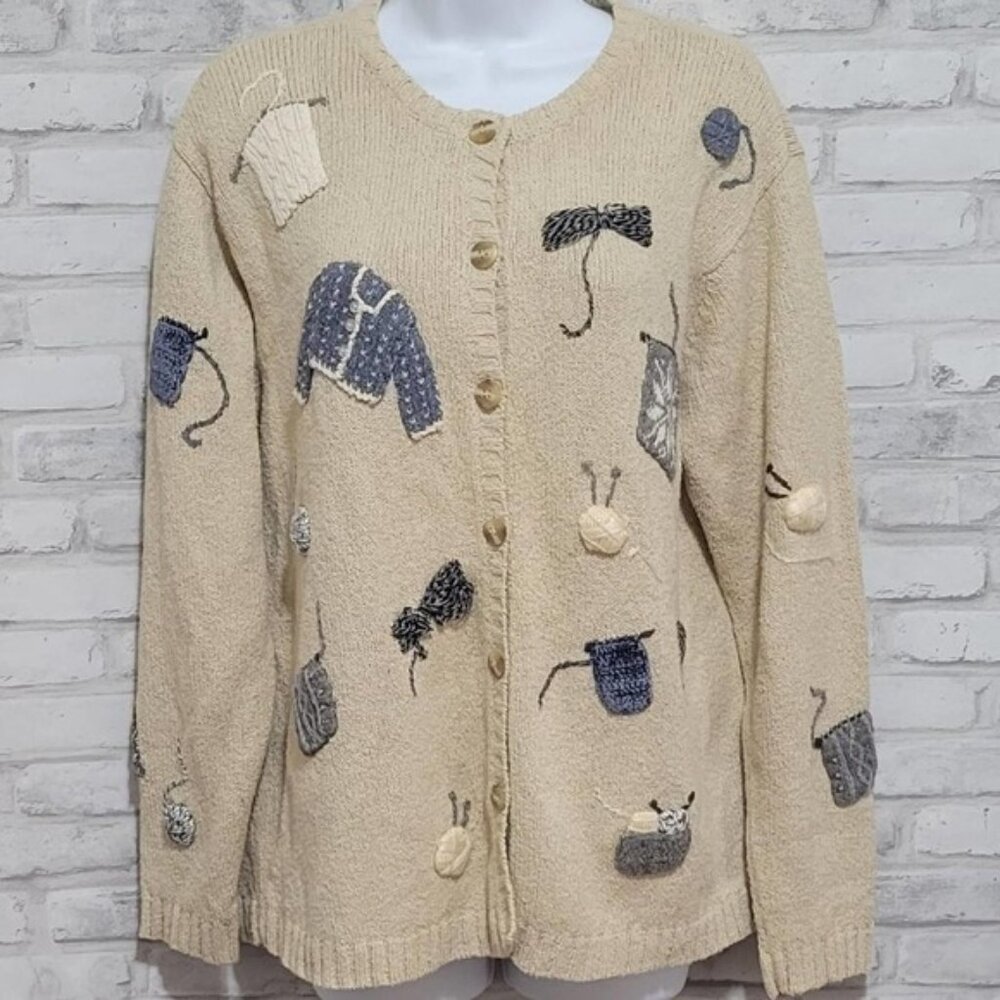 Talbots Knitting Theme Knit Sweater with Embellishments Yarn Craft Womens Medium